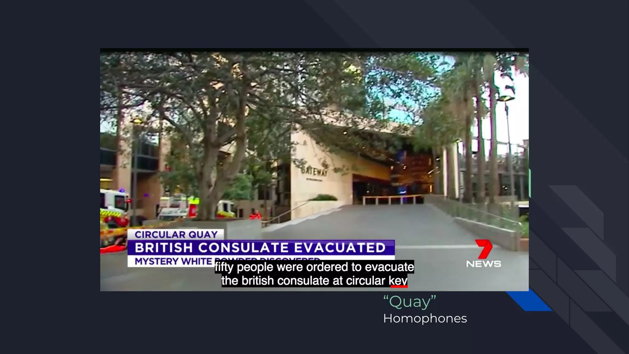 “Quay”
Homophones
 