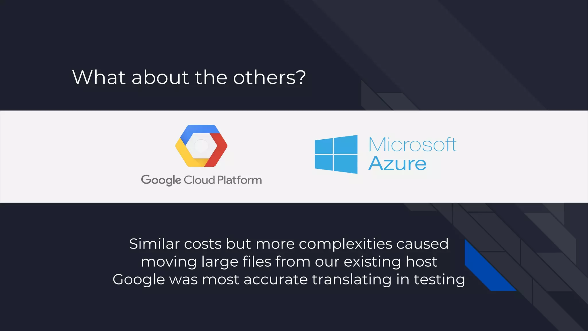 What about the others?
Similar costs but more complexities caused
moving large files from our existing host
Google was most accurate translating in testing
 