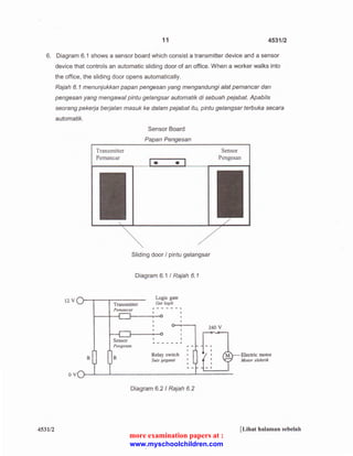 11 4531/2 
6. Diagram 6.1 shows a sensor board which consist a transmitter device and a sensor 
device that controls an automatic slid ing door of an office. When a worker walks into 
the office, the sliding door opens automatically. 
4531/2 
Rajah 6. 1 menunjukkan papan pengesan yang mengandungi a/at pemancar dan 
pengesan yang mengawal pintu gelangsar automatik di sebuah pejabat. Apabila 
seorang pekerja berjalan masuk ke dalam pejabat itu, pintu gelangsar terbuka secara 
automatik. 
12 v 
OV 
Transmitter 
Pemancar 
Sensor Board 
Papan Pengesan 
• • 
Sensor 
Pengesan 
Sliding door I pintu gelangsar 
Diagram 6.1 I Rajah 6. 1 
Transmitter 
Penumcar 
Logic gate 
Getlogik 
Relay switch 
Suis geganti 
Diagram 6.2 I Rajah 6.2 
240 v 
Electric motor 
Motor elektrik 
[Lihat halaman sebelah 
more examination papers at : 
www.myschoolchildren.com 
 