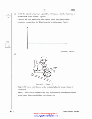 15 4531/2 
For (c) Sketch the graph of temperature against time in the space below for the change of 
examiner's 
Use 
7(c) 
[£] 
(d) 
4531/2 
phase from A to Das shownin Diagram 7. 
Lakarkan graf suhu lawan masa pada ruang di bawah untuk menunjukkan 
perubahan keadaan fasa dari A ke D seperti di tunjukkan dalam Rajah 7. 
[ 2 marks/ 2 markah] 
Diagram 7.2 I Rajah 7.2 
Diagram 7.2 shows a boy blowing on the surface of a bowl of a very hot soup to 
cool it down. 
Rajah 7. 2 menunjukkan seorang budak yang sedang meniup permukaan sup yang 
sangat panas dalam mangkuk bagi menyejukkannya. 
[Lihat halaman sebelah 
more examination papers at : 
www.myschoolchildren.com 
 