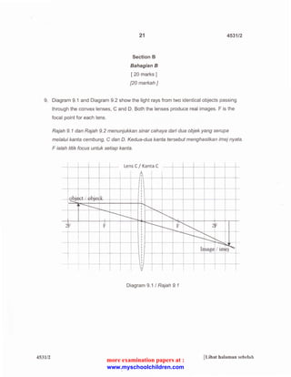21 
Section B 
Sahagian B 
[ 20 marks] 
[20 markah] 
4531/2 
9. Diagram 9.1 and Diagram 9.2 show the light rays from two identical objects passing 
through the convex lenses, C and D. Both the lenses produce real images. F is the 
focal point for each lens. 
4531/2 
Rajah 9.1 dan Rajah 9.2 menunjukkan sinar cahaya dari dua objek yang serupa 
melalui kanta cembung, C dan D. Kedua-dua kanta tersebut menghasilkan imej nyata. 
F ialah titik focus untuk setiap kanta. 
lens C I Kanta C 
-+ 
I : 1-t-1 
t- +-+- i +-J 
r 2 r ~ 
rw I F r r- II 
t t -+-~ t f-- --+- 
I I 
Diagram 9.1 I Rajah 9. 1 
[Lihat halaman sebelah 
more examination papers at : 
www.myschoolchildren.com 
 