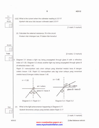 For 
examiner's 
Use 
4(c)(i) 
La 
4( c )(ii) 
[B 
Total 
UJ 
5(a) 
La 
5. 
9 4531/2 
(c)(i) What is the current when the voltmeter reading is 2.0 V? 
Apakah nilai arus bit a bacaan voltmeter ia/ah 2. 0 V? 
[1 mark 11 markah] 
(ii) Calculate the external resistance, R in the circuit. 
Kirakan nilai rintangan /uar, R dalam litar tersebut. 
[2 marks I 2 markah] 
Diagram 5.1 shows a light ray being propagated through glass A with a refractive 
index of 1.50. Diagram 5.2 shows another light ray being propagated through glass B 
of refractive index 1.40. 
Rajah 5. 1 menunjukkan satu sinar cahaya yang dirambat melalui kaca A dengan 
indeks biasan 1.50. Rajah 5.2 menunjukkan satu lagi sinar cahaya yang merambat 
melalui kaca 8 dengan indeks biasan 1.40. 
n = 1.50 n = 1.40 
air I udara 
glass 8 I kaca B 
Diagram 5.1 I Rajah 5. 1 Diagram 5.2 I Rajah 5. 2 
(a) What is the light phenomenon happening in Diagram 5.1? 
Apakah fenomena cahaya yang ber/aku dalam Rajah 5. 1? 
[1 mark 11 markah] 
4531/2 [Lihat halaman sebelah 
more examination papers at : 
www.myschoolchildren.com 
 