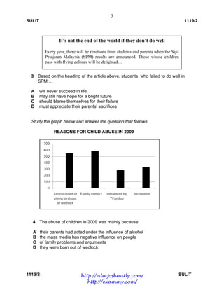 3
SULIT 1119/2
1119/2 SULIT
3 Based on the heading of the article above, students who failed to do well in
SPM …
A will never succeed in life
B may still have hope for a bright future
C should blame themselves for their failure
D must appreciate their parents’ sacrifices
Study the graph below and answer the question that follows.
REASONS FOR CHILD ABUSE IN 2009
4 The abuse of children in 2009 was mainly because
A their parents had acted under the influence of alcohol
B the mass media has negative influence on people
C of family problems and arguments
D they were born out of wedlock
It’s not the end of the world if they don’t do well
Every year, there will be reactions from students and parents when the Sijil
Pelajaran Malaysia (SPM) results are announced. Those whose children
pass with flying colours will be delighted…
http://edu.joshuatly.com/
http://exammy.com/
 