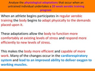 Analyse the physiological adaptations that occur when an 
untrained individual undertakes a 20 week aerobic training 
program 
When an athlete begins participates in regular aerobic 
training the body begins to adapt physically to the demands 
placed upon it. 
These adaptations allow the body to function more 
comfortably at existing levels of stress and respond more 
efficiently to new levels of stress. 
This makes the body more efficient and capable of more 
work. Many of the changes occur in the cardiorespiratory 
system and lead to an improved ability to deliver oxygen to 
working muscles. 
 