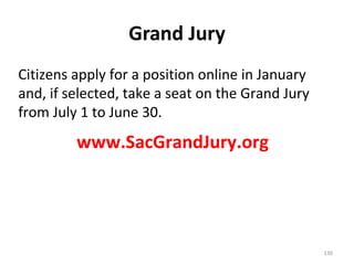 Grand Jury Citizens apply for a position online in January and, if selected, take a seat on the Grand Jury from July 1 to June 30. www.SacGrandJury.org 