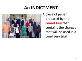 An INDICTMENT A piece of paper prepared by the  Grand Jury  that contains the charges that will be used in a court jury trial. 