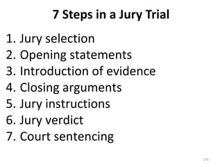 7 Steps in a Jury Trial Jury selection Opening statements Introduction of evidence Closing arguments Jury instructions Jury verdict Court sentencing 