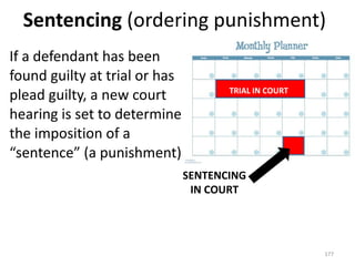 Sentencing  (ordering punishment) If a defendant has been found guilty at trial or has plead guilty, a new court hearing is set to determine the imposition of a “sentence” (a punishment) TRIAL IN COURT SENTENCING IN COURT 