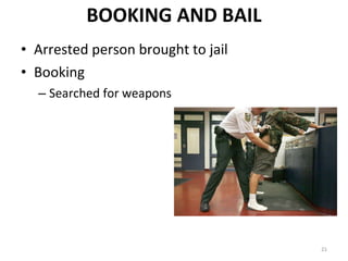 BOOKING AND BAIL Arrested person brought to jail Booking Searched for weapons 