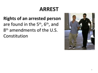 ARREST Rights of an arrested person  are found in the 5 th , 6 th , and 8 th  amendments of the U.S. Constitution 