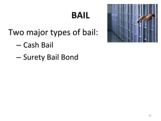 BAIL Two major types of bail: Cash Bail Surety Bail Bond 