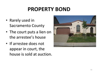PROPERTY BOND Rarely used in Sacramento County The court puts a lien on the arrestee’s house If arrestee does not appear in court, the house is sold at auction. 