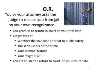O.R. You or your attorney asks the judge to release you from jail on your own recognizance You promise to return to court on your trial date Judges look at Whether the you pose a threat to public safety The seriousness of the crime Your criminal history Your “flight risk”  You are trusted to return to court  on your court date. 