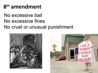 8 th  amendment No excessive bail No excessive fines No cruel or unusual punishment 