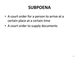 SUBPOENA A court order for a person to arrive at a certain place at a certain time A court order to supply documents 