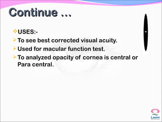 Continue …Continue …
USES:-
To see best corrected visual acuity.
Used for macular function test.
To analyzed opacity of cornea is central or
Para central.
 