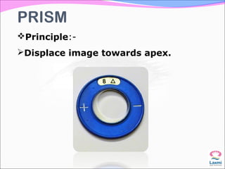 Principle:-
Displace image towards apex.
PRISM
 