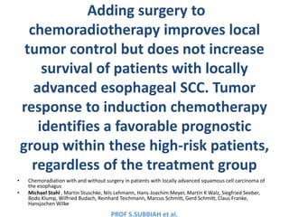 PROF S.SUBBIAH et al.
Adding surgery to
chemoradiotherapy improves local
tumor control but does not increase
survival of p...