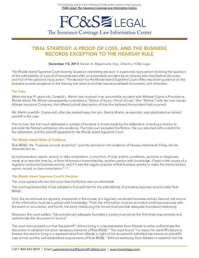 Trial Strategy A Proof of Loss, and the Business Records