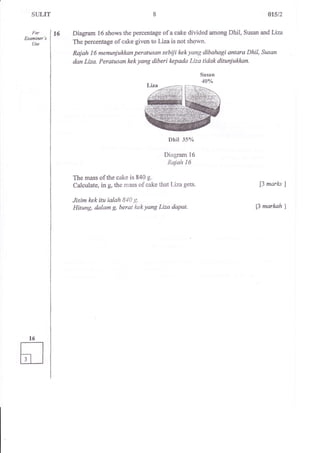 SULIT 
F'or 
Exdminer's 
Use 
16 
015t2 
Diagram 16 shows the percentsge ofa cake divided among Dhil, Susan andLiza 
The percentage of cake given tsLizais not shown. 
Rojah 16 menunjuklean peratusan sebiji kekyang dibahagi antara Dhil, &xan 
dan Liza. Peratusan kckyang diberi lrepada Liia tidak dituniuAl<an. 
Susan 
44" 
Dhil 3s% 
Diagram 16 
Rajah 16 
The mass of the cake is 840 g. 
Calculate, in g, the mass of cake that Liza gets. 
Jisim lrek itu ialah 840 g. 
Hitung, dolam g, berat kekyang Liza dapat. 
[3 marks I 
13 markah l 
 