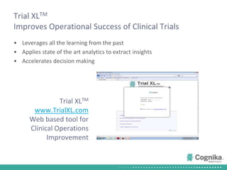 Trial XLTMImproves Operational Success of Clinical TrialsLeverages all the learning from the pastApplies state of the art analytics to extract insightsAccelerates decision making Trial XLTMwww.TrialXL.comWeb based tool for Clinical Operations Improvement