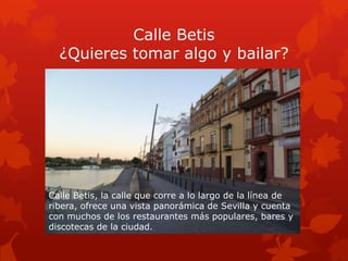 Calle Betis
¿Quieres tomar algo y bailar?

Calle Betis, la calle que corre a lo largo de la línea de
ribera, ofrece una vista panorámica de Sevilla y cuenta
con muchos de los restaurantes más populares, bares y
discotecas de la ciudad.

 