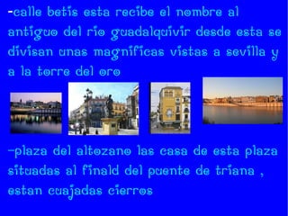 -calle betis esta recibe el nombre al
antiguo del rio guadalquivir desde esta se
divisan unas magnificas vistas a sevilla y
a la torre del oro



-plaza del altozano las casa de esta plaza
situadas al finald del puente de triana ,
estan cuajadas cierros
 