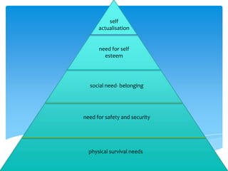 self
actualisation
need for self
esteem
social need- belonging
need for safety and security
physical survival needs