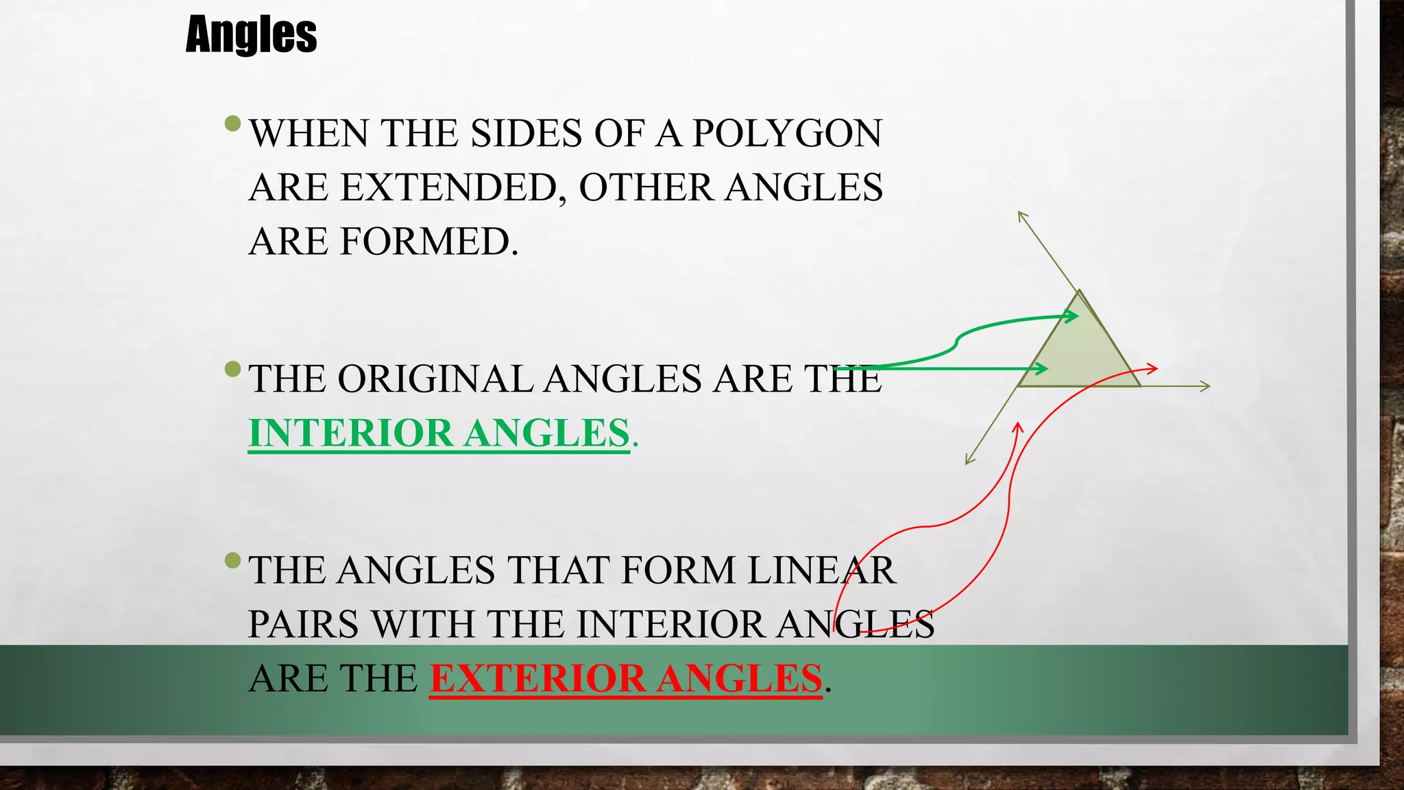 •WHEN THE SIDES OF A POLYGON
ARE EXTENDED, OTHER ANGLES
ARE FORMED.
•THE ORIGINAL ANGLES ARE THE
INTERIOR ANGLES.
•THE ANGLES THAT FORM LINEAR
PAIRS WITH THE INTERIOR ANGLES
ARE THE EXTERIOR ANGLES.
Angles