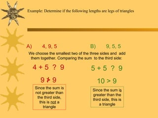 Example: Determine if the following lengths are legs of triangles
A) 4, 9, 5
4 + 5 ? 9
9 > 9
We choose the smallest two of the three sides and add
them together. Comparing the sum to the third side:
B) 9, 5, 5
Since the sum is
not greater than
the third side,
this is not a
triangle
5 + 5 ? 9
10 > 9
Since the sum is
greater than the
third side, this is
a triangle
 