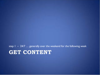 step 1 – 24/7 … generally over the weekend for the following week

GET CONTENT
 