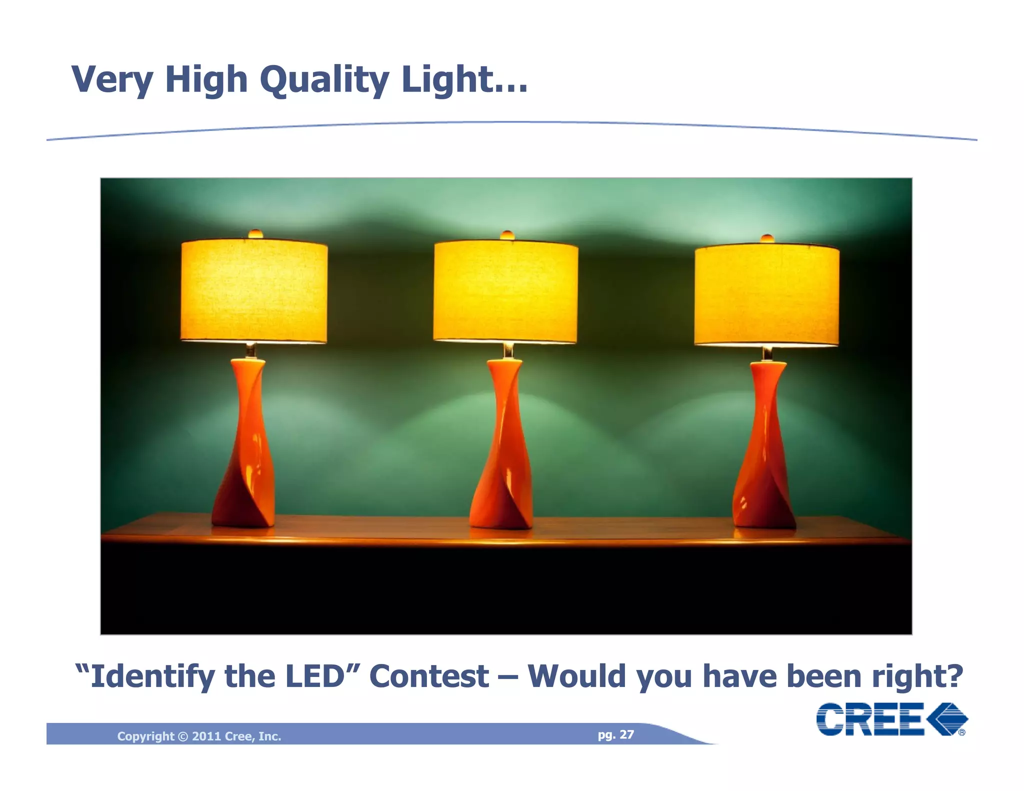 Very High Quality Light…




“Identify the LED” Contest – Would you have been right?
  Copyright © 2011 Cree, Inc.   pg. 27
 