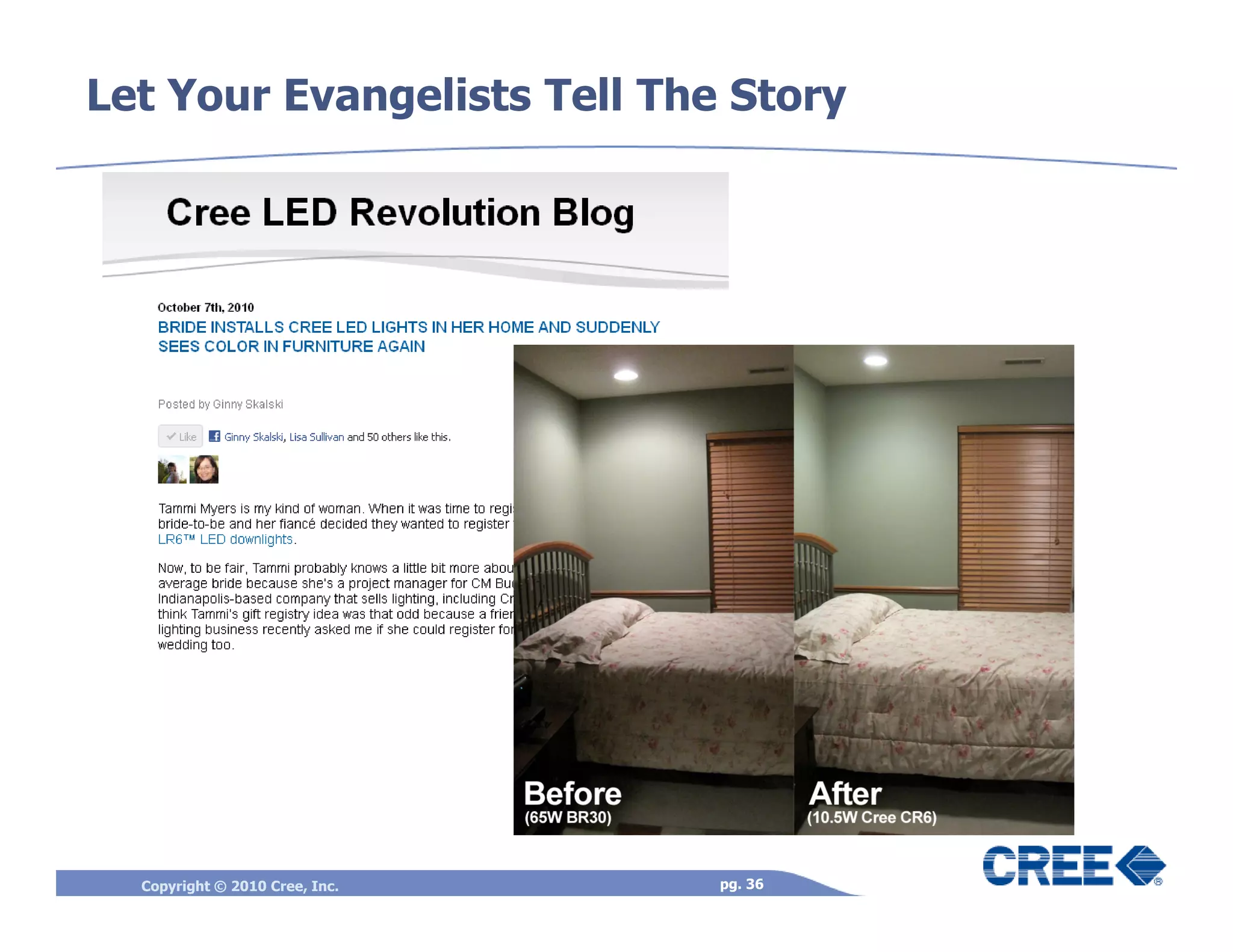 Let Your Evangelists Tell The Story




  Copyright © 2010 Cree, Inc.   pg. 36
 