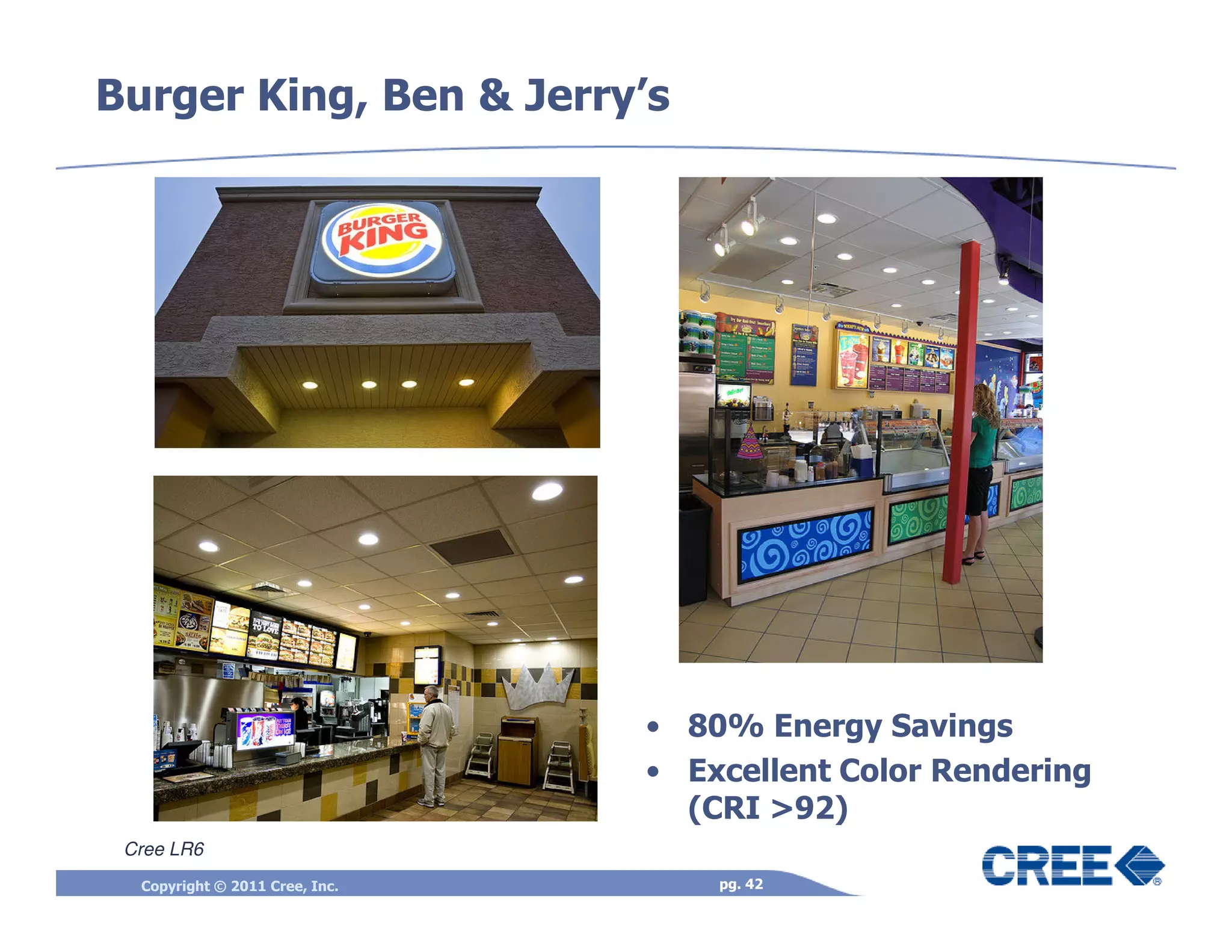 Burger King, Ben & Jerry’s




                                • 80% Energy Savings
                                • Excellent Color Rendering
                                  (CRI >92)
 Cree LR6
  Copyright © 2011 Cree, Inc.       pg. 42
 