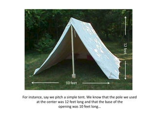 For instance, say we pitch a simple tent. We know that the pole we used
at the center was 12 feet long and that the base of the
opening was 10 feet long…
10 feet
12feet
 