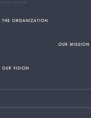 TRIANGLE   BIKE   SHARE




THE ORGANIZATION




                          OUR MISSION




OUR VISION
 