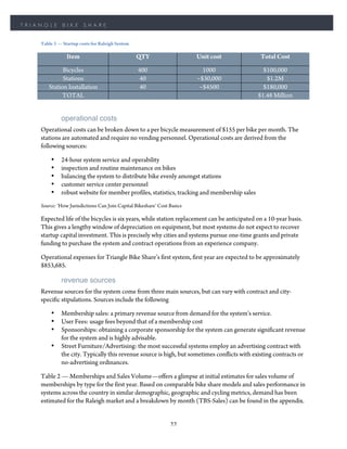 TRIANGLE      BIKE      SHARE


    Table 3 — Startup costs for Raleigh System

                Item                             QTY                     Unit cost            Total Cost
             Bicycles                            400                       1000                $100,000
             Stations                            40                      ~$30,000               $1.2M
       Station Installation                      40                       ~$4500               $180,000
             TOTAL                                                                           $1.48 Million


             operational costs
    Operational costs can be broken down to a per bicycle measurement of $155 per bike per month. The
    stations are automated and require no vending personnel. Operational costs are derived from the
    following sources:

        •    24-hour system service and operability
        •    inspection and routine maintenance on bikes
        •    balancing the system to distribute bike evenly amongst stations
        •    customer service center personnel
        •    robust website for member profiles, statistics, tracking and membership sales
    Source: ‘How Jurisdictions Can Join Capital Bikeshare’ Cost Basics

    Expected life of the bicycles is six years, while station replacement can be anticipated on a 10-year basis.
    This gives a lengthy window of depreciation on equipment, but most systems do not expect to recover
    startup capital investment. This is precisely why cities and systems pursue one-time grants and private
    funding to purchase the system and contract operations from an experience company.

    Operational expenses for Triangle Bike Share’s first system, first year are expected to be approximately
    $853,685.

             revenue sources
    Revenue sources for the system come from three main sources, but can vary with contract and city-
    specific stipulations. Sources include the following

        •    Membership sales: a primary revenue source from demand for the system’s service.
        •    User Fees: usage fees beyond that of a membership cost
        •    Sponsorships: obtaining a corporate sponsorship for the system can generate significant revenue
             for the system and is highly advisable.
        •    Street Furniture/Advertising: the most successful systems employ an advertising contract with
             the city. Typically this revenue source is high, but sometimes conflicts with existing contracts or
             no-advertising ordinances.

    Table 2 — Memberships and Sales Volume—offers a glimpse at initial estimates for sales volume of
    memberships by type for the first year. Based on comparable bike share models and sales performance in
    systems across the country in similar demographic, geographic and cycling metrics, demand has been
    estimated for the Raleigh market and a breakdown by month (TBS-Sales) can be found in the appendix.


                                                                22
 