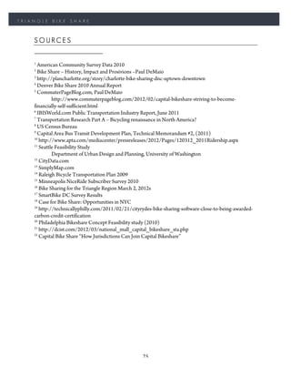TRIANGLE    BIKE   SHARE



    SOURCES


    1
      American Community Survey Data 2010
    2
      Bike Share – History, Impact and Prosivions –Paul DeMaio
    3
      http://plancharlotte.org/story/charlotte-bike-sharing-dnc-uptown-downtown
    4
      Denver Bike Share 2010 Annual Report
    5
      CommuterPageBlog.com, Paul DeMaio
             http://www.commuterpageblog.com/2012/02/capital-bikeshare-striving-to-become-
    financially-self-sufficient.html
    6
      IBISWorld.com Public Transportation Industry Report, June 2011
    7
      Transportation Research Part A – Bicycling renaissance in North America?
    8
      US Census Bureau
    9
      Capital Area Bus Transit Development Plan, Technical Memorandum #2, (2011)
    10
       http://www.apta.com/mediacenter/pressreleases/2012/Pages/120312_2011Ridership.aspx
    11
       Seattle Feasibility Study
             Department of Urban Design and Planning, University of Washington
    12
       CityData.com
    13
       SimplyMap.com
    14
       Raleigh Bicycle Transportation Plan 2009
    15
       Minneapolis NiceRide Subscriber Survey 2010
    16
       Bike Sharing for the Triangle Region March 2, 2012s
    17
       SmartBike DC Survey Results
    18
       Case for Bike Share: Opportunities in NYC
    19
       http://technicallyphilly.com/2011/02/21/cityrydes-bike-sharing-software-close-to-being-awarded-
    carbon-credit-certification
    20
       Philadelphia Bikeshare Concept Feasibility study (2010)
    21
       http://dcist.com/2012/03/national_mall_capital_bikeshare_sta.php
    22
       Capital Bike Share “How Jurisdictions Can Join Capital Bikeshare”




                                                    25
 