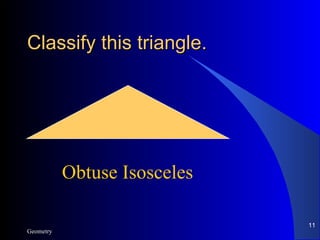 Classify this triangle. Geometry Obtuse Isosceles