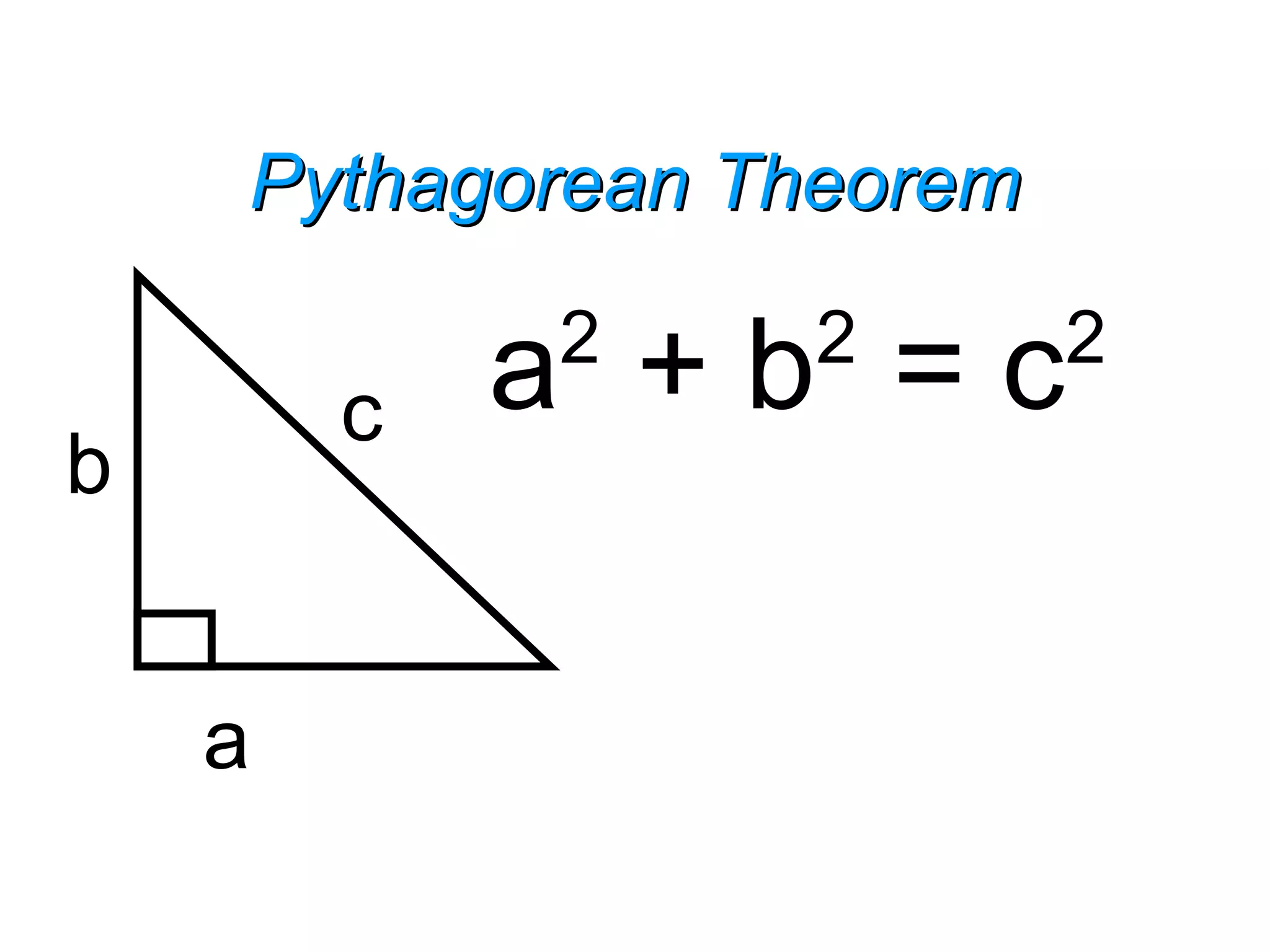 Pythagorean TheoremPythagorean Theorem
a
b
c a2
+ b2
= c2
 