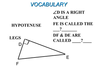 VOCABULARYVOCABULARY
HYPOTENUSE
LEGS
∠D IS A RIGHT
ANGLE
FE IS CALLED THE
___?_______
DF & DE ARE
CALLED ____?____
F
D
E
 