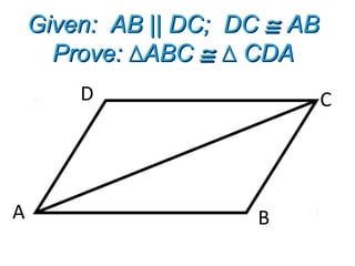 Given: AB || DC; DCGiven: AB || DC; DC ≅≅ ABAB
Prove: ABC∆Prove: ABC∆ ≅≅ CDA∆ CDA∆
D C
A B
 