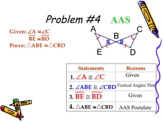 Problem #4
Statements Reasons
AAS
Given
Given
Vertical Angles Thm
AAS Postulate
Given: A C
BE BD
Prove: ABE  CBD
E
C
D
A
B
4. ABE  CBD
37
 