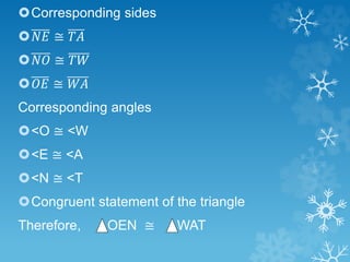 Corresponding sides
𝑁𝐸 ≅ 𝑇𝐴
𝑁𝑂 ≅ 𝑇𝑊
𝑂𝐸 ≅ 𝑊𝐴
Corresponding angles
<O ≅ <W
<E ≅ <A
<N ≅ <T
Congruent statement of the triangle
Therefore, OEN ≅ WAT
 
