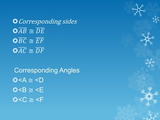 Corresponding sides
𝐴𝐵 ≅ 𝐷𝐸
𝐵𝐶 ≅ 𝐸𝐹
𝐴𝐶 ≅ 𝐷𝐹
Corresponding Angles
<A ≅ <D
<B ≅ <E
<C ≅ <F
 