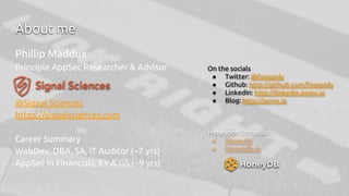 About me
Phillip Maddux
Principle AppSec Researcher & Advisor
@Signal Sciences
https://signalsciences.com
Career Summary
WebDev, DBA, SA, IT Auditor (~7 yrs)
AppSec in Financials, EY & GS (~9 yrs)
On the socials
● Twitter: @foospidy
● Github: http://github.com/foospidy
● LinkedIn: http://linkedin.pxmx.io
● Blog: http://pxmx.io
Honeypot Enthusiast
● HoneyPy
● Honeydb.io
 