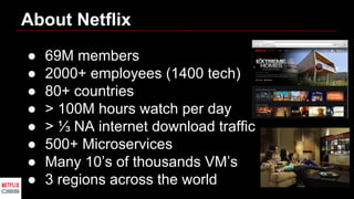 About Netflix
● 69M members
● 2000+ employees (1400 tech)
● 80+ countries
● > 100M hours watch per day
● > ⅓ NA internet download traffic
● 500+ Microservices
● Many 10’s of thousands VM’s
● 3 regions across the world
 