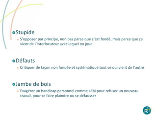 ! Stupide	
  
   
      S’opposer	
  par	
  principe,	
  non	
  pas	
  parce	
  que	
  c’est	
  fondé,	
  mais	
  parce	
  que	
  ça	
  
       vient	
  de	
  l’interlocuteur	
  avec	
  lequel	
  on	
  joue	
  



! Défauts	
  
   
      CriEquer	
  de	
  façon	
  non	
  fondée	
  et	
  systémaEque	
  tout	
  ce	
  qui	
  vient	
  de	
  l’autre	
  	
  



! Jambe	
  de	
  bois	
  
   
      Exagérer	
  un	
  handicap	
  personnel	
  comme	
  alibi	
  pour	
  refuser	
  un	
  nouveau	
  
       travail,	
  pour	
  se	
  faire	
  plaindre	
  ou	
  se	
  défausser	
  
 