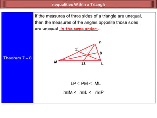 Inequalities Within a Triangle
Inequalities Within a Triangle
Theorem 7 – 6
If the measures of three sides of a triangle are unequal,
then the measures of the angles opposite those sides
are unequal ________________.
13
8
11
L
P
M
in the same order
LP < PM < ML
mM < mP
mL <
 