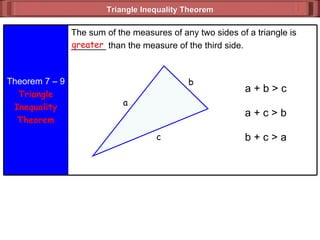 Triangle Inequality Theorem  greater a + b > c a + c > b b + c > a Theorem 7 – 9 Triangle Inequality Theorem The sum of the measures of any two sides of a triangle is _______ than the measure of the third side. a b c 